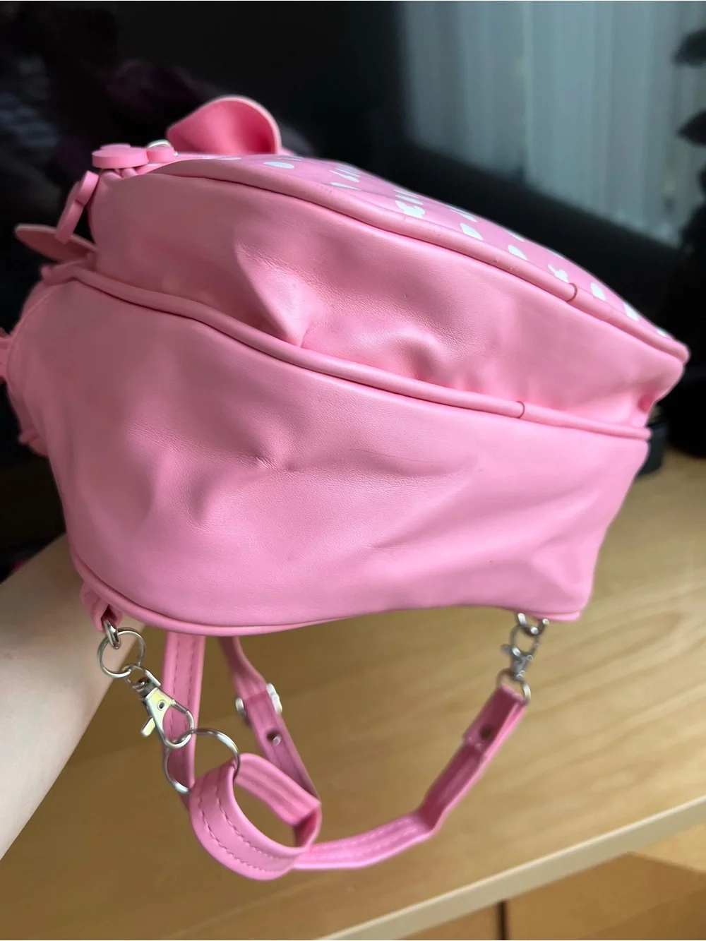 Pink/White Disney Minnie Mouse Small Faux Leather Backpack Bow Zip Pockets